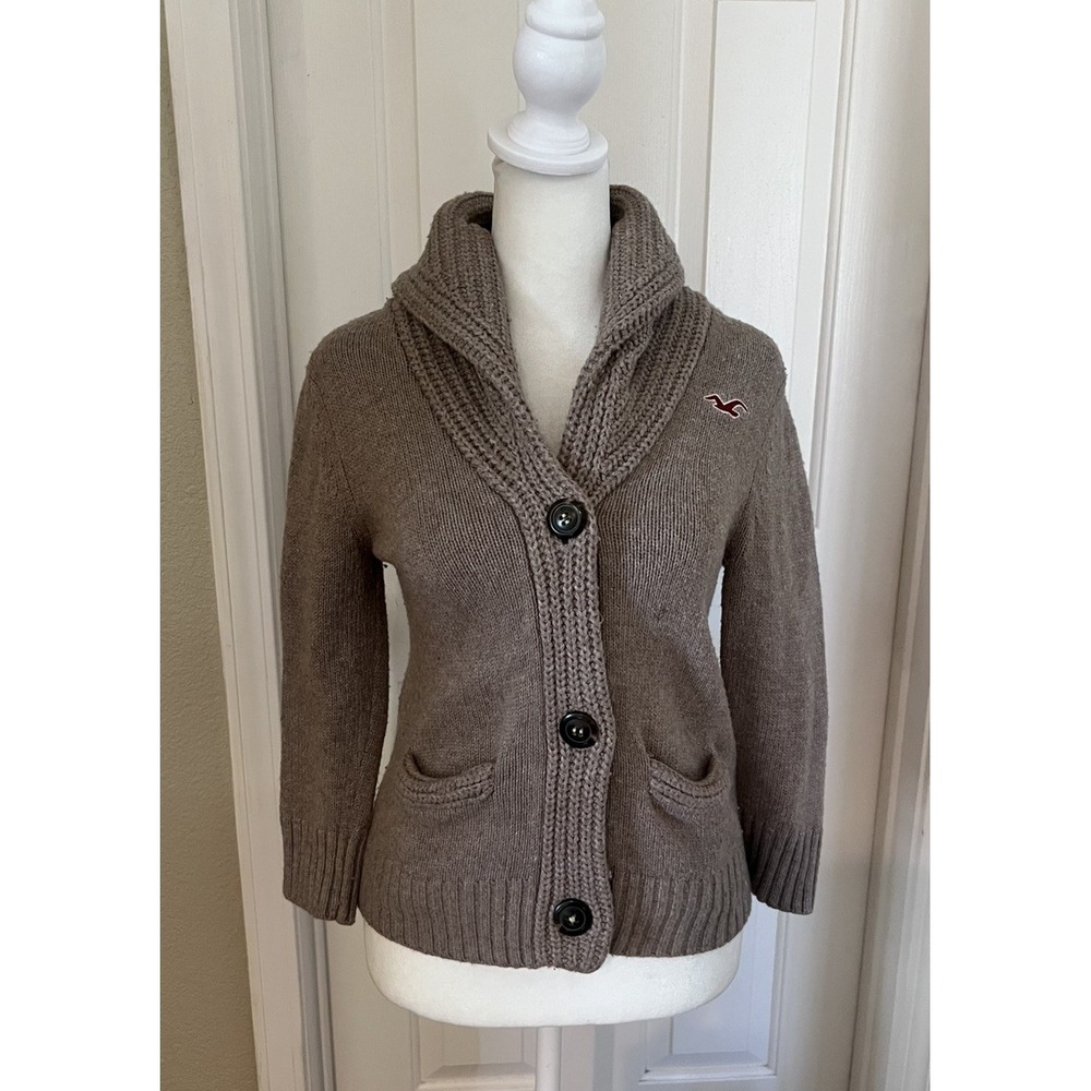 Y2K Hollister Brown Collared Chunky Knit Cardigan Sweater 3/4 Sleeve Women's M